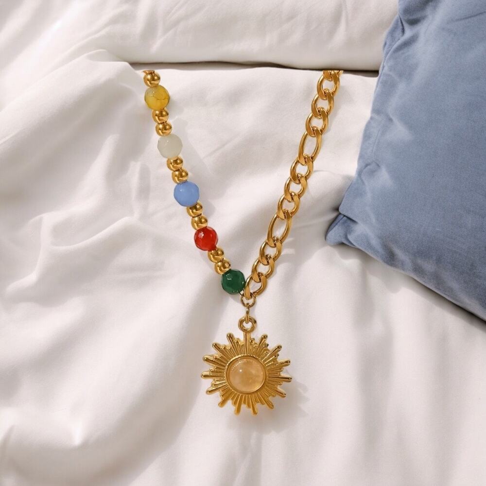 NEW 18K yellow gold plated beaded sun BoHo chain necklace jewelry B20B